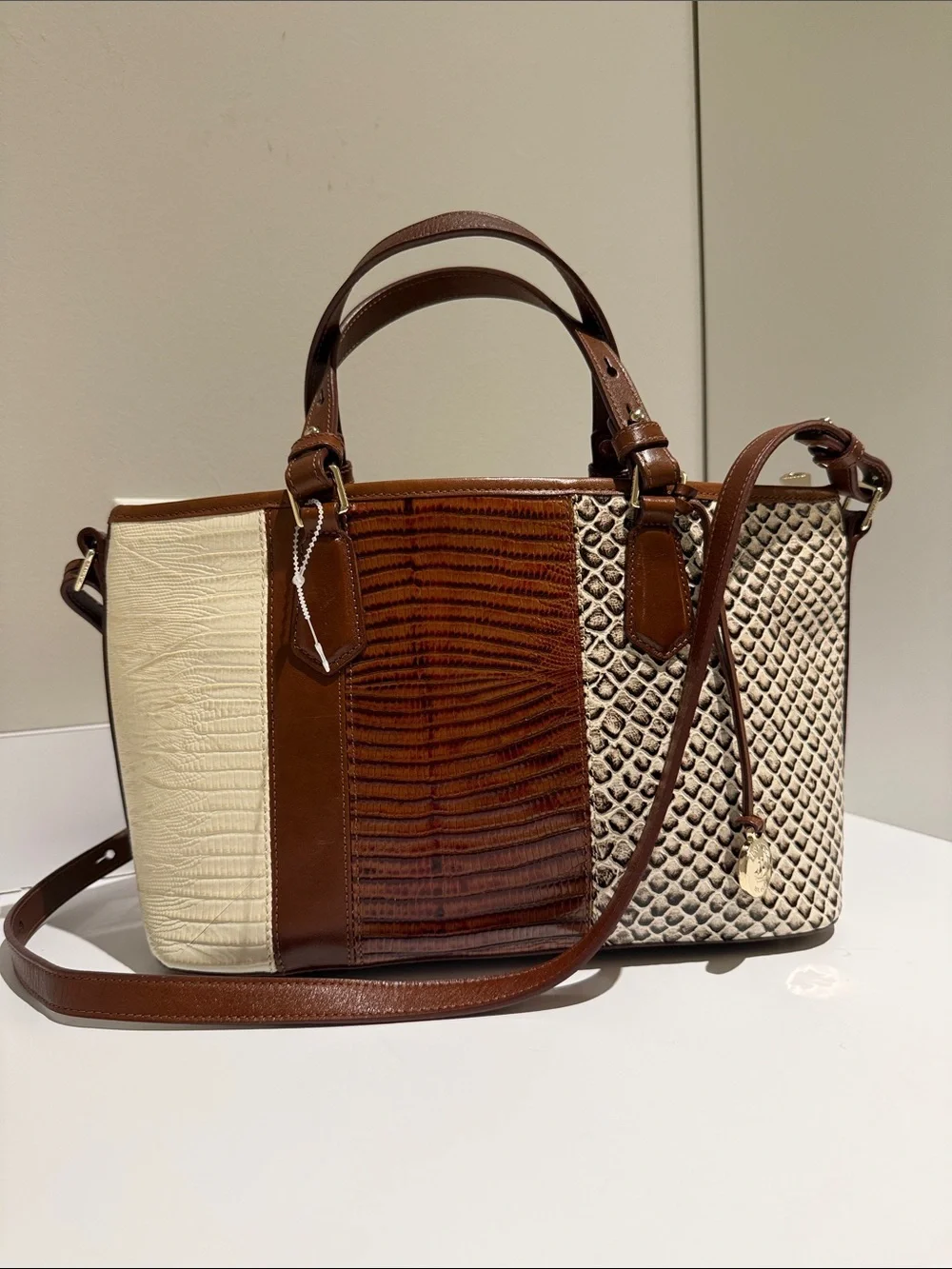 Brahmin Tri-Panel Leather Satchel in Brown and Cream